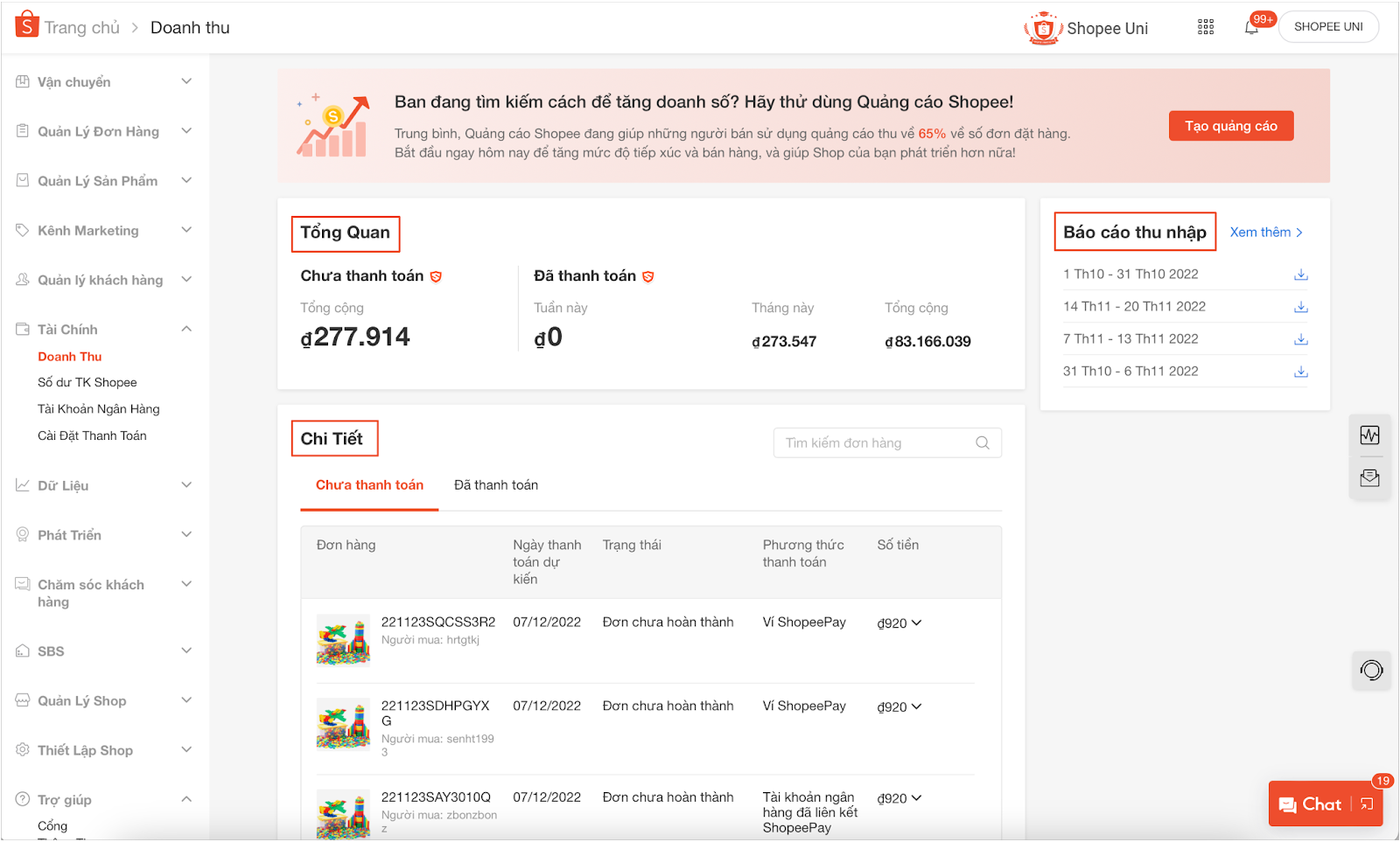 chi phí bán hàng trên Shopee