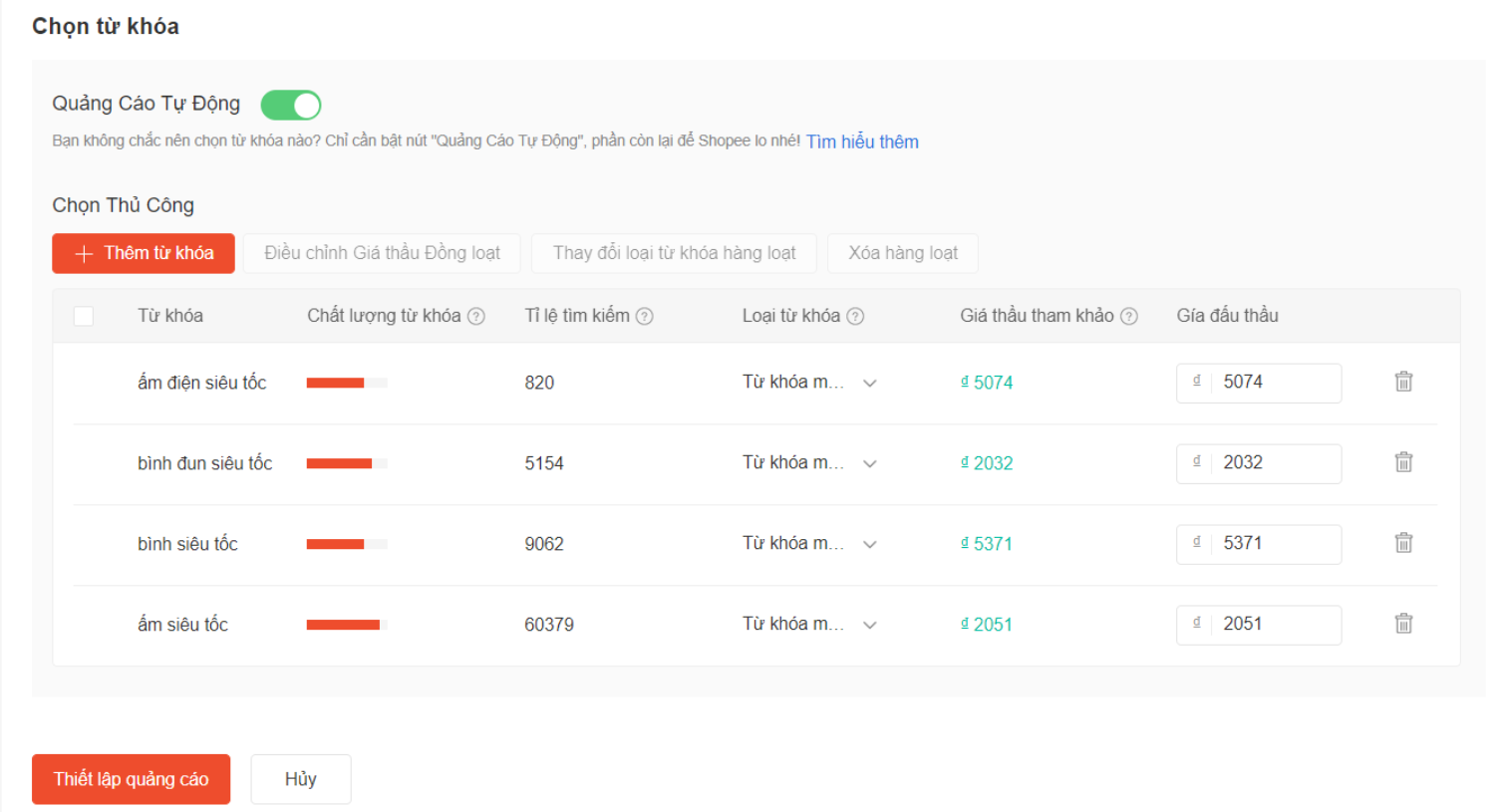 Quản lý từ khóa chạy quảng cáo Shopee